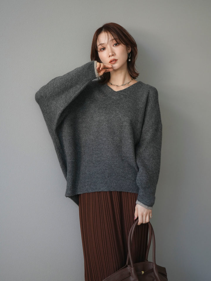 [SET]Vネック配色スリーブニットプルオーバー+選べるアクセセット(2set)