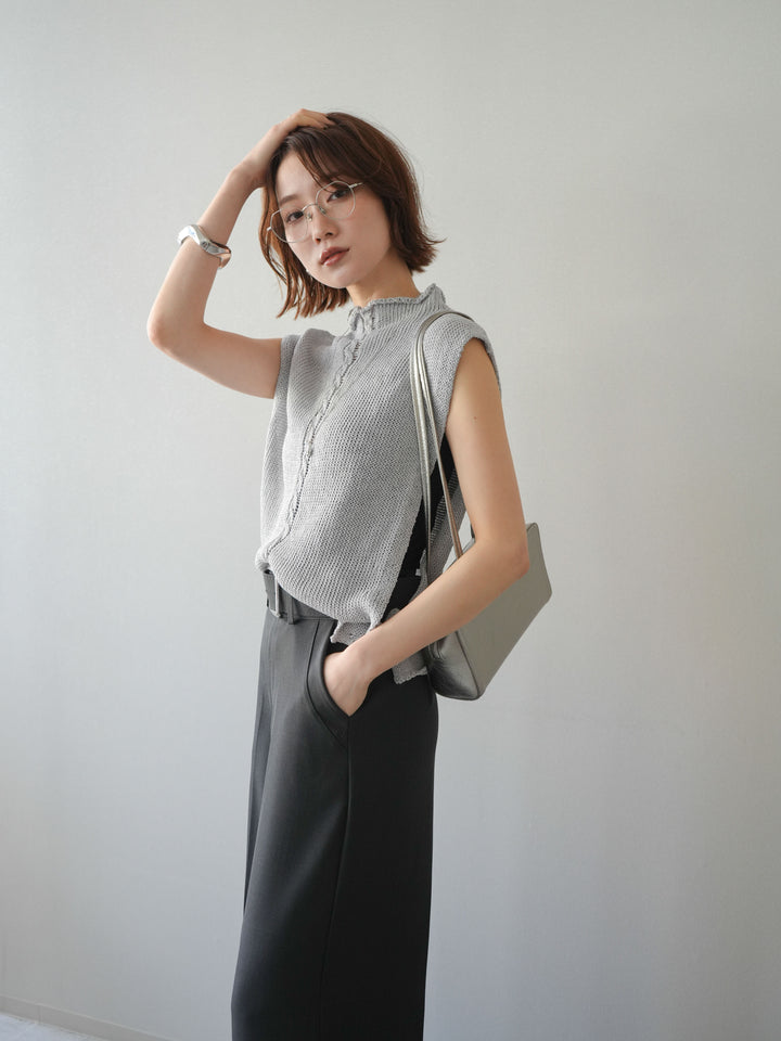 【套裝】開襟針織上衣+銀色搭扣垂褶闊腿褲（兩件套）