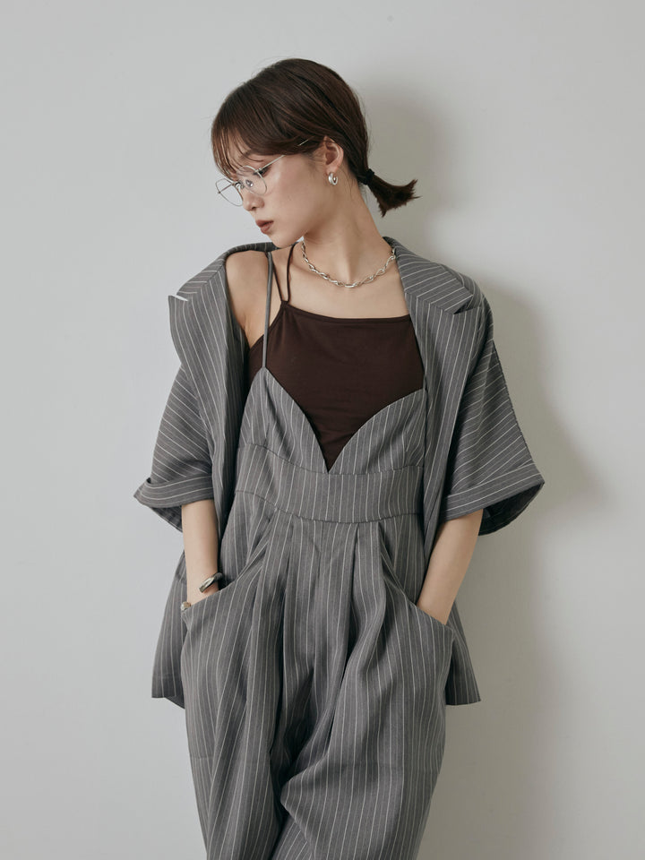 [予約]ヘリンボーンストライプサロペット/チャコール