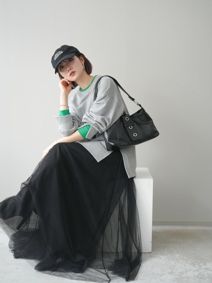 [SET]配色レイヤードデザインスエットプルオーバー+チュールボリュームスカート(2set)