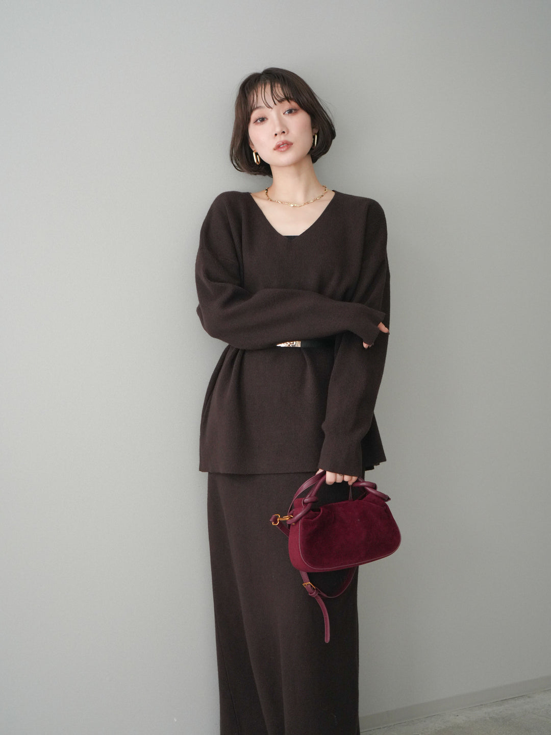 [SET]ベルト付Vネックニット＆スカートSET UP+ベルト付Vネックニット＆スカートSET UP(2set)