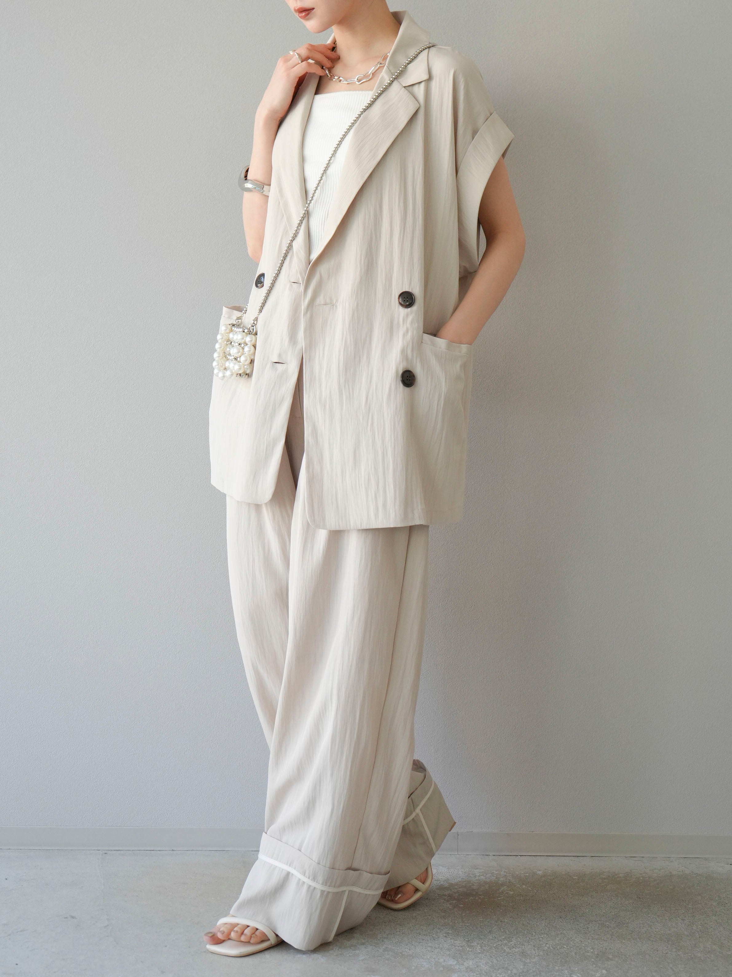 SET]リネンライクノースリーブダブルジレ+ダブルストラップカットリブ