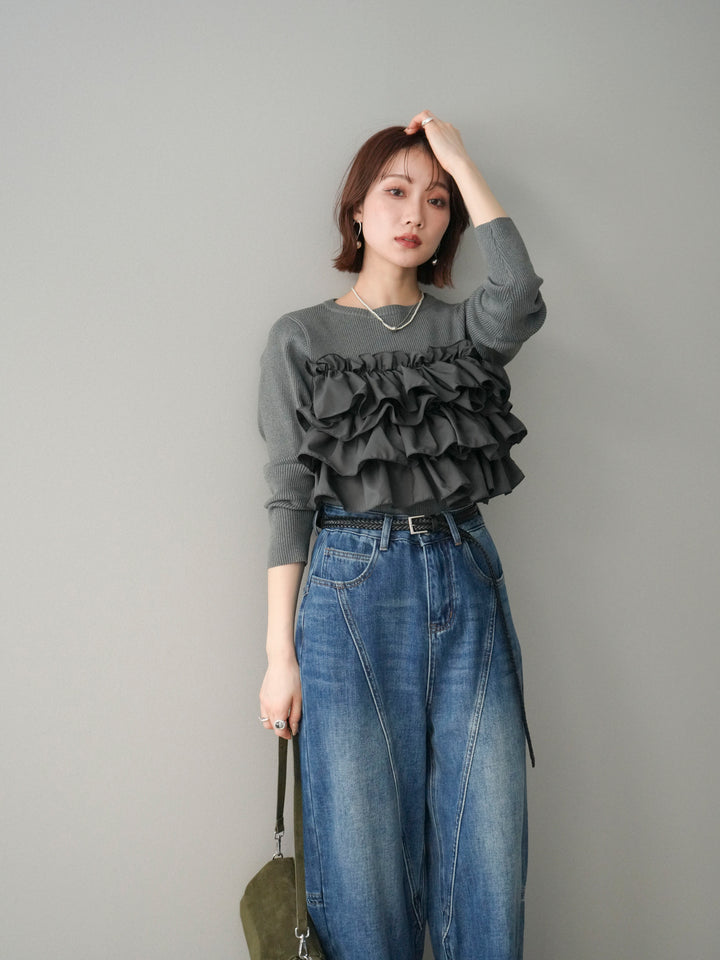 [予約]フリルビスチェドッキングスポンジニットプルオーバー/gray