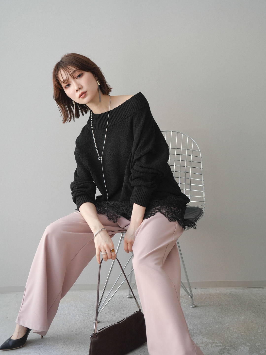 [SET]アシンメトリーレースヘムニットプルオーバー+アシンメトリーレースヘムニットプルオーバー(2set)