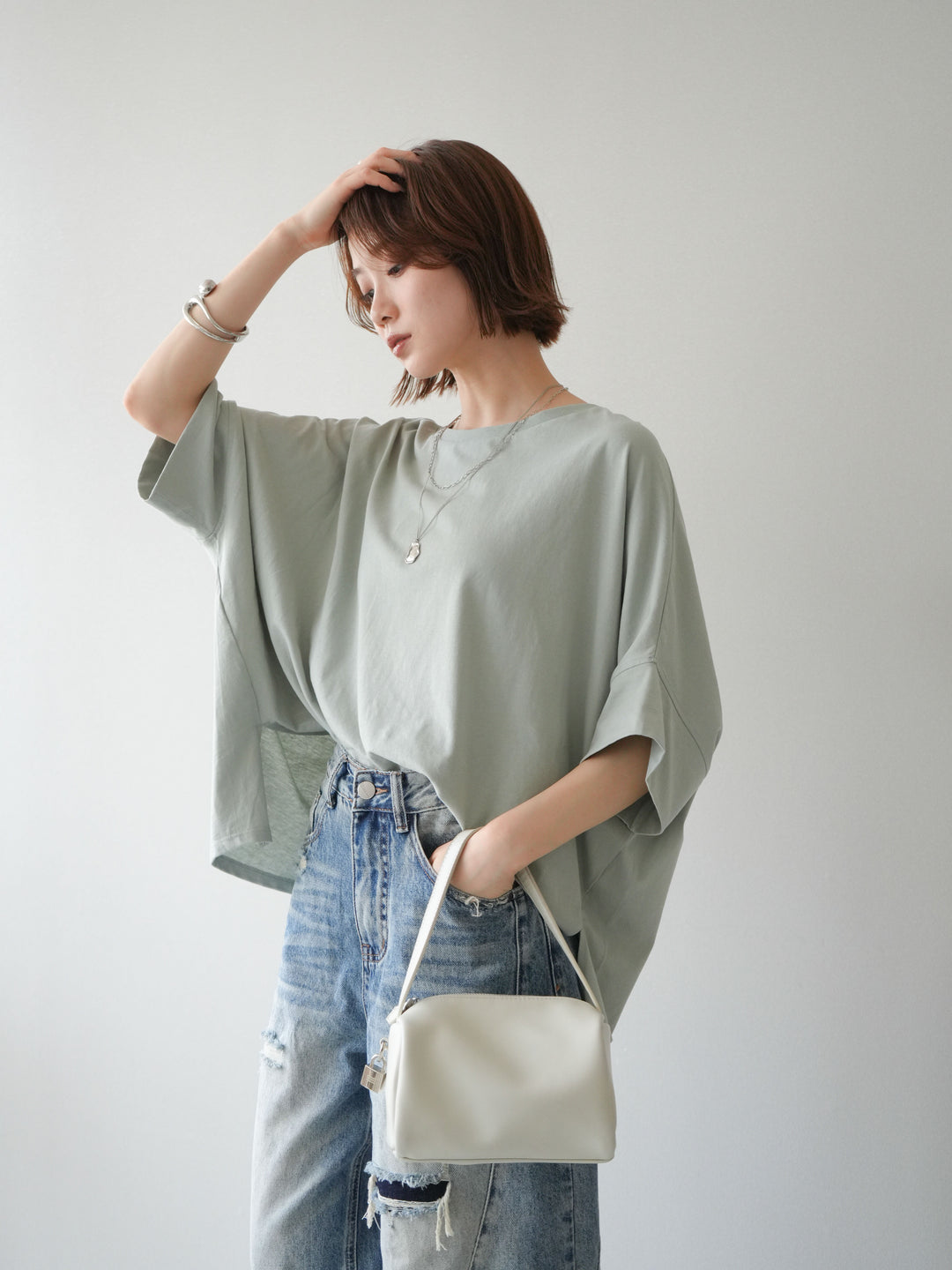 [SET]ドルマンワイドフレアトップス+ダメージカーブワイドデニムパンツ(2set)