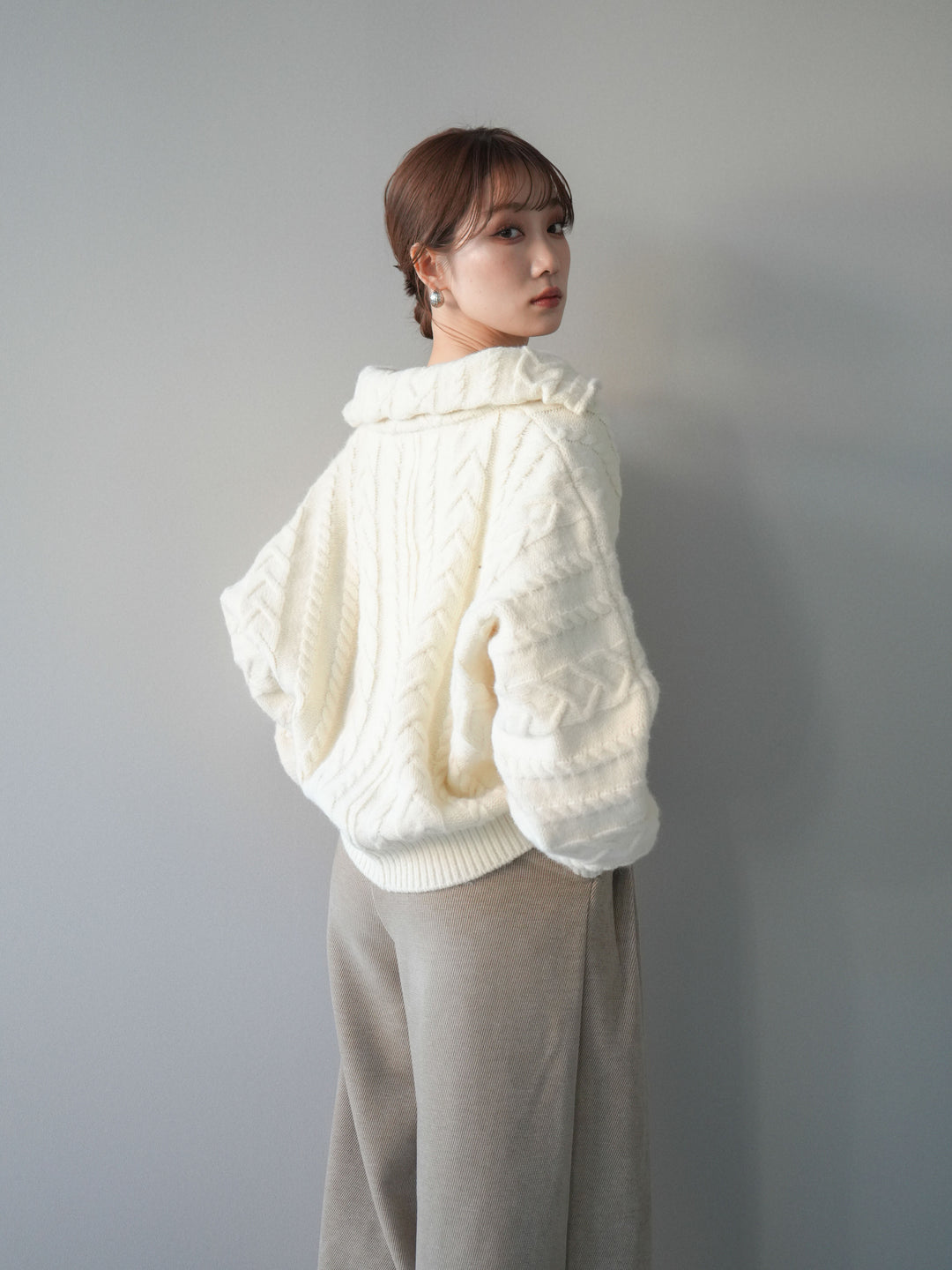 [SET]ケーブル編みハイネックZIPニットカーディガン+ケーブル編みハイネックZIPニットカーディガン(2set)