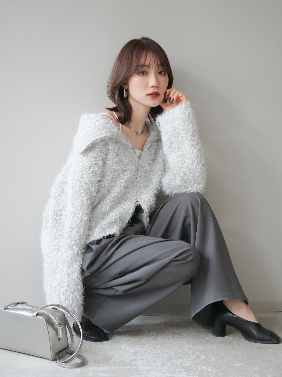 [予約]ミックスシャギージップニットカーディガン/ivory