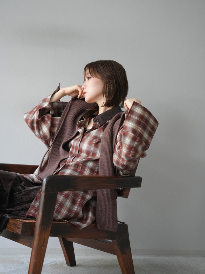 [SET]レザー襟オンブレチェックオーバーシャツ +クラッシュベロアナロースカート(2set)