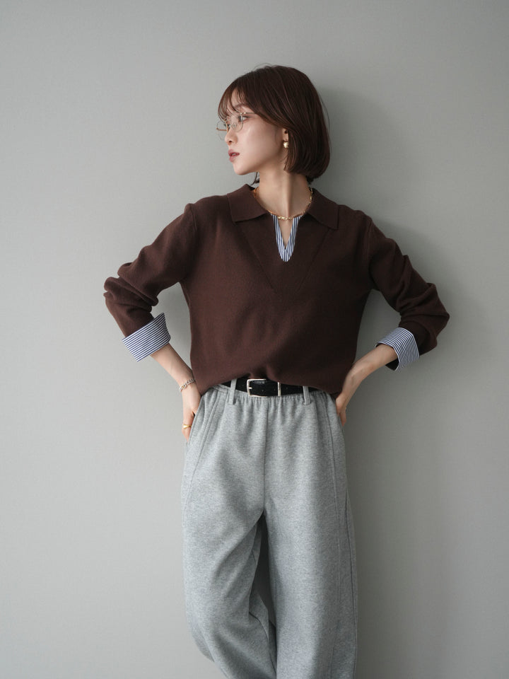 [予約]シャツレイヤードスキッパーニットプルオーバー/brown