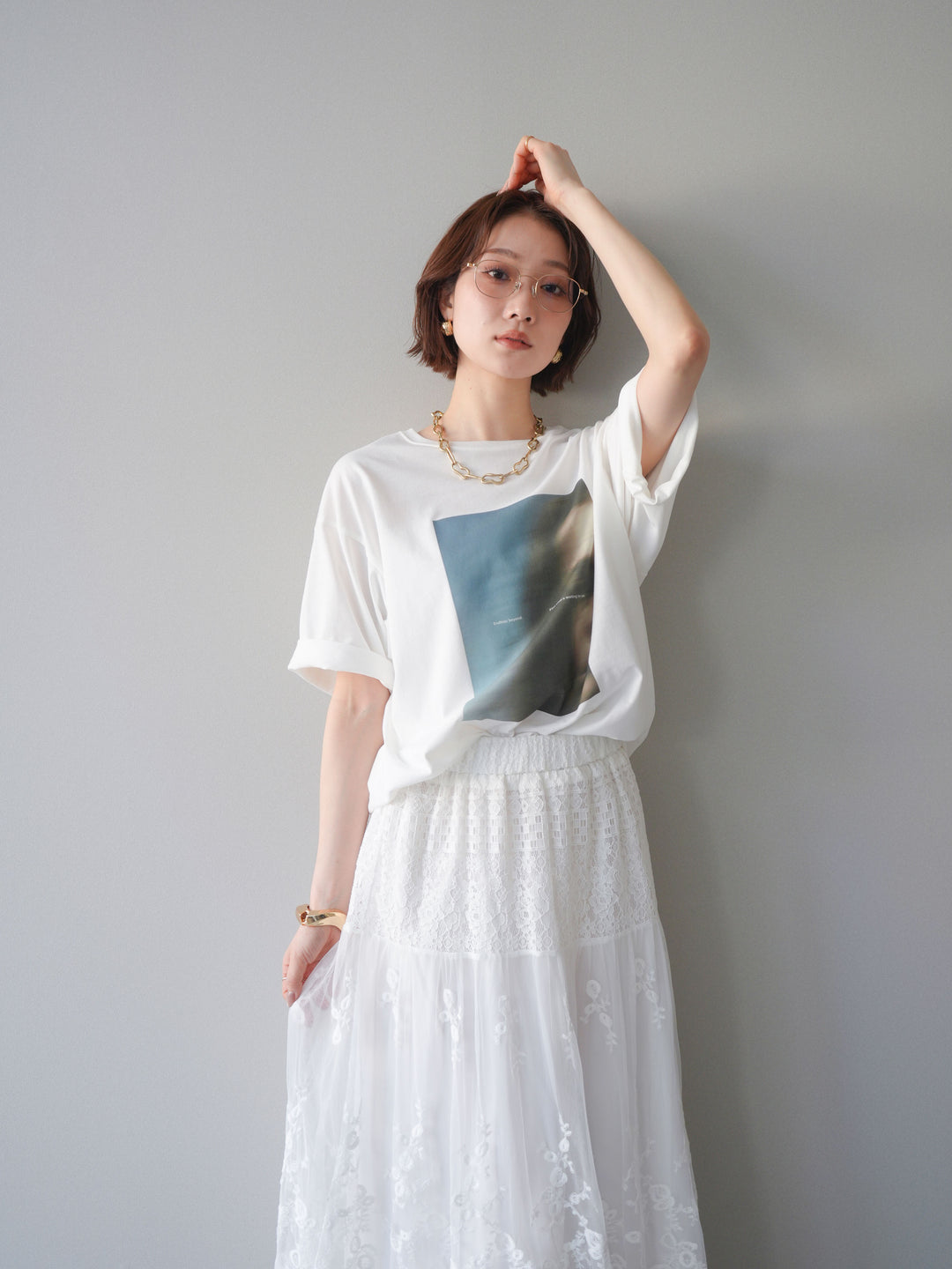 [SET]ブラーアートフォトTシャツ+シアーレースマキシスカート(2set)