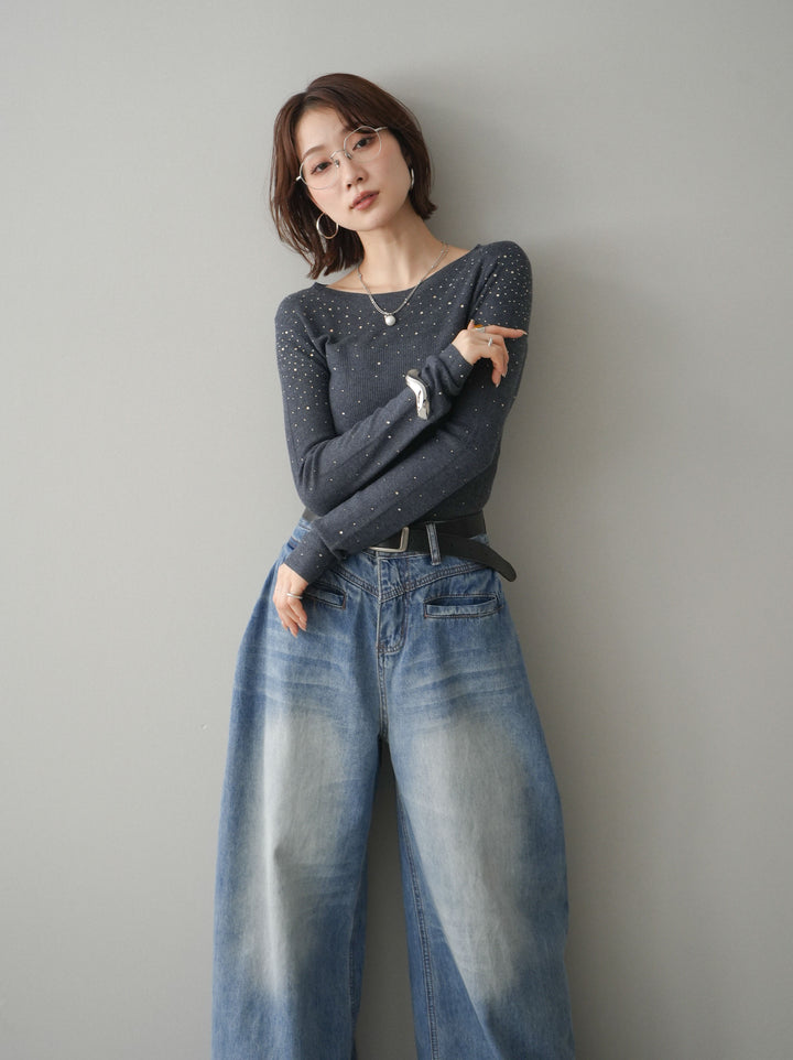 [SET]スパンコールシアーニットトップス+選べるアクセセット(2set)