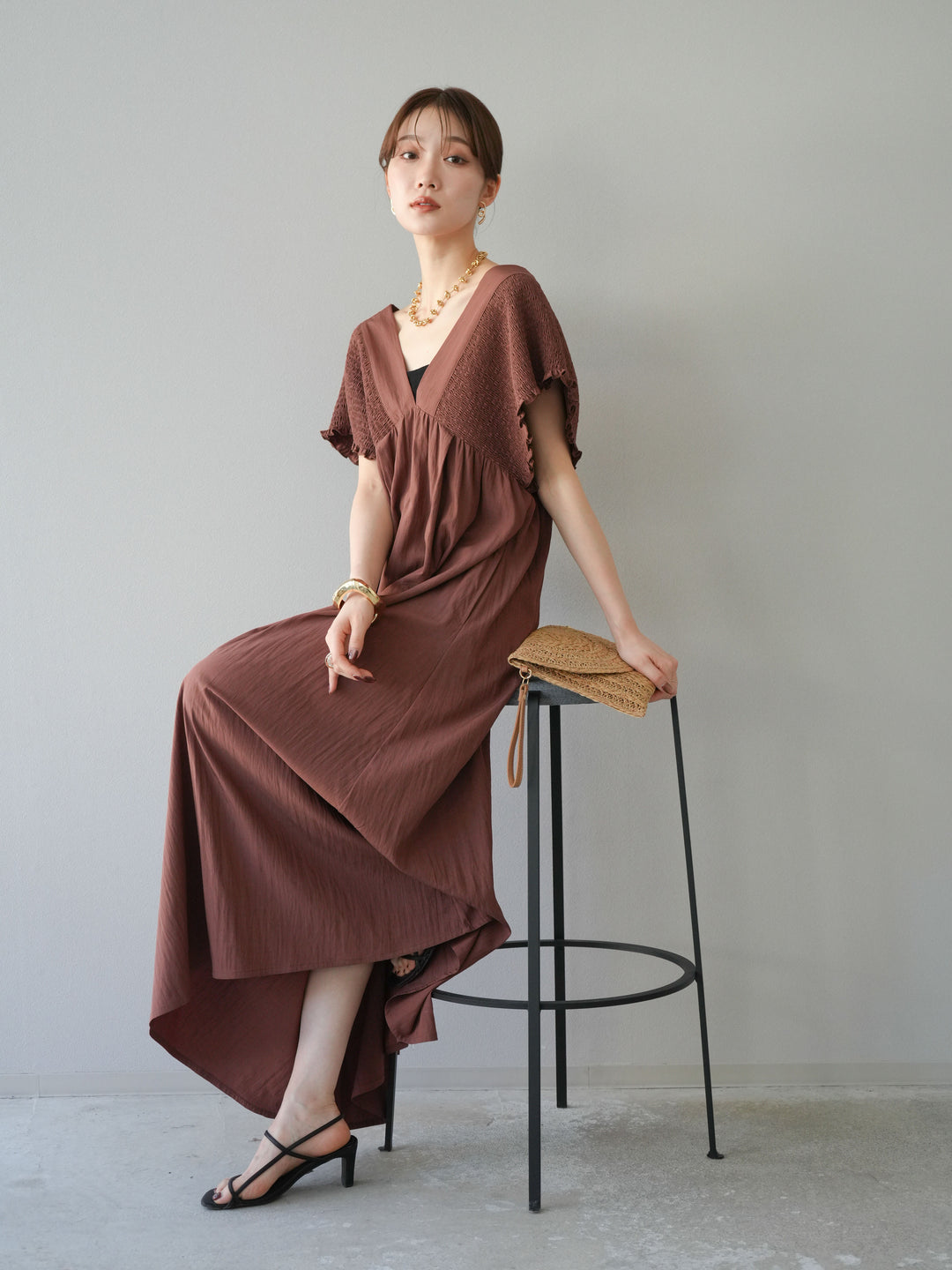 [SET] 褶皺V領連身裙 + 褶皺V領連身裙 (2件套)