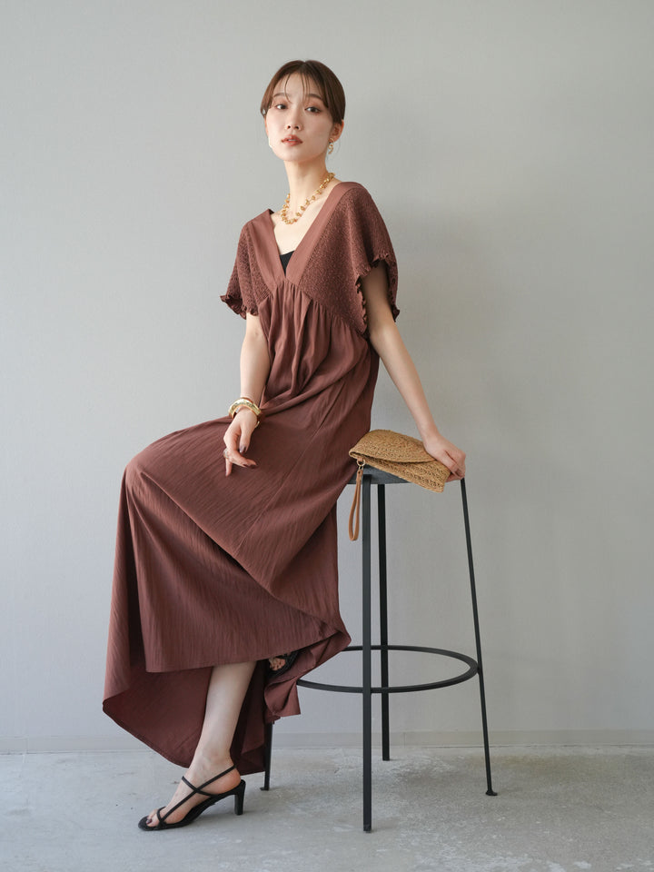 [SET] 褶皺V領連身裙 + 褶皺V領連身裙 (2件套)