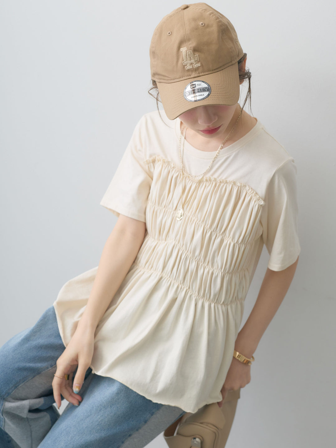 [SET]クールタッチシャーリングTEE+デニム切替スウェットパンツ(2set)