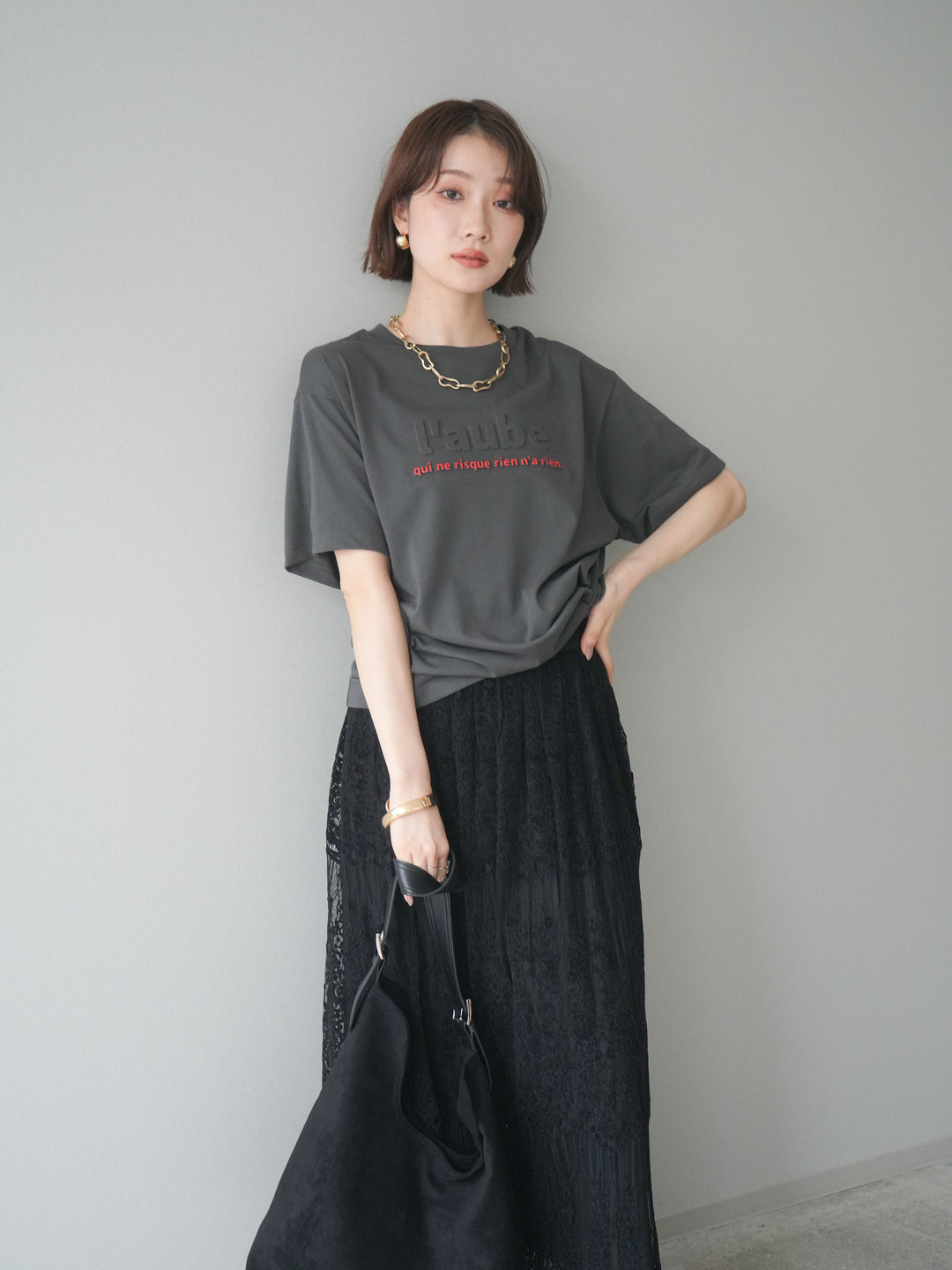 [SET]エンボスロゴTEE+裏プリーツ総レースロングスカート(2set)