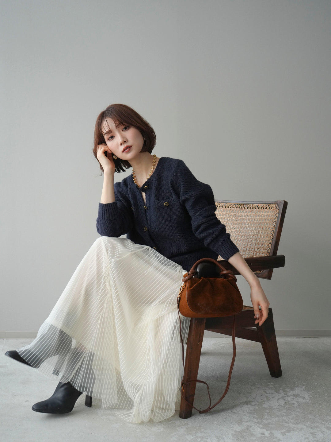 [SET]編みこみアンティークボタンニットカーディガン+チュールストライプボリュームスカート(2set)