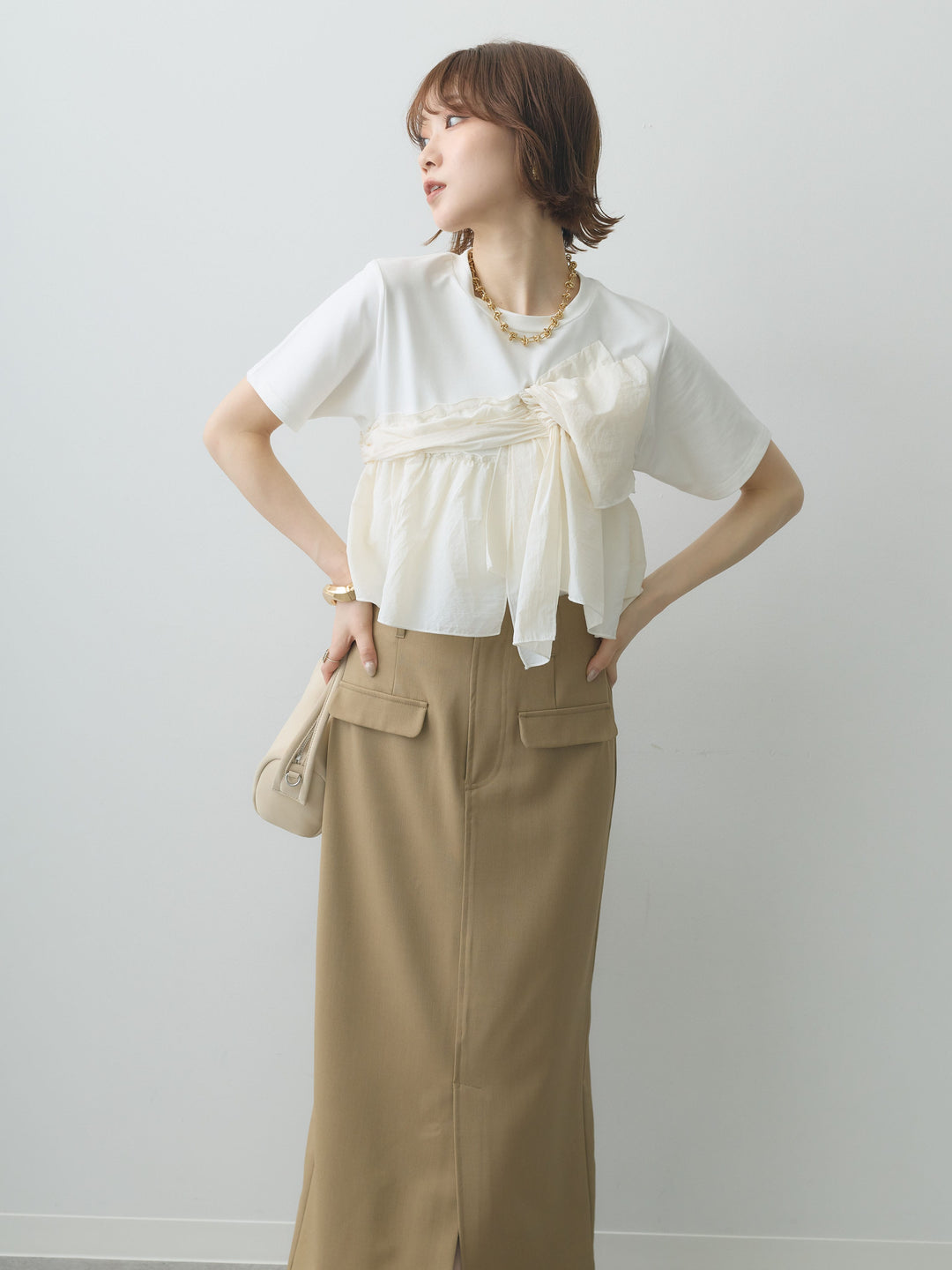 [SET]ナイロンドッキングツイストTEE +クレープデシンフラップ付きストレートスカート(2set)