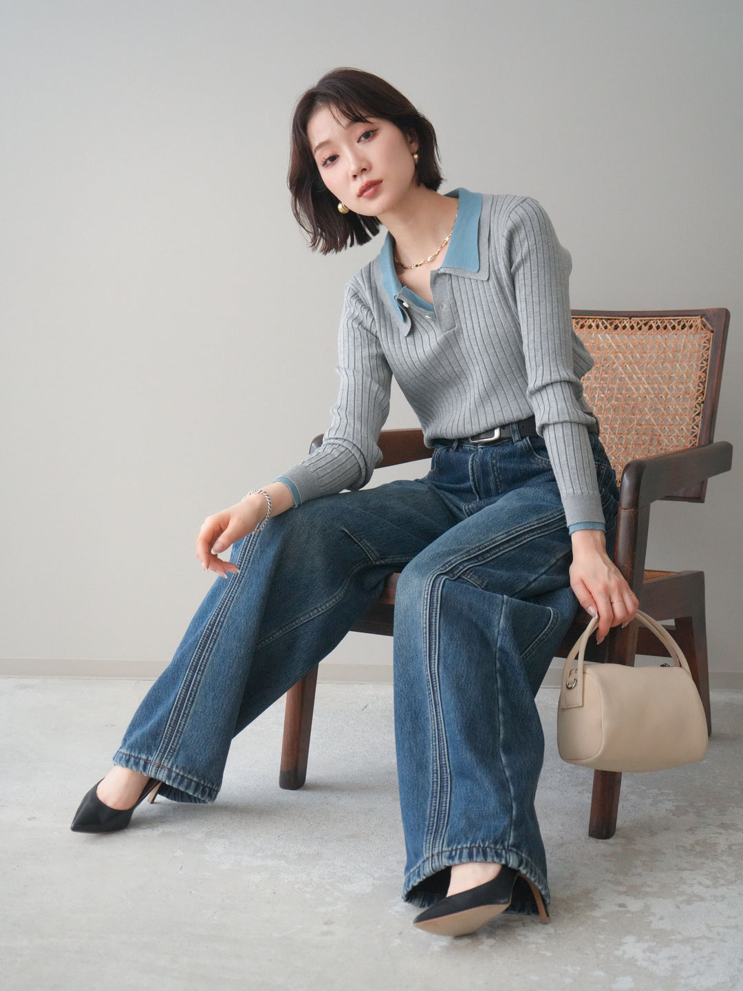 [予約]ダブル襟ポロリブニットトップス/gray