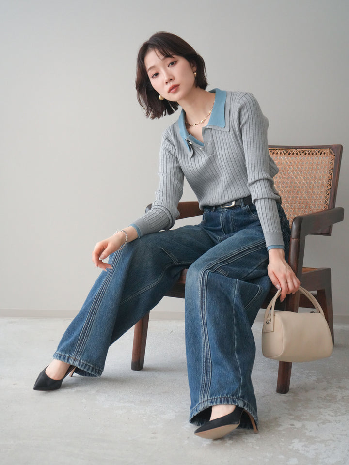 [予約]ダブル襟ポロリブニットトップス/gray