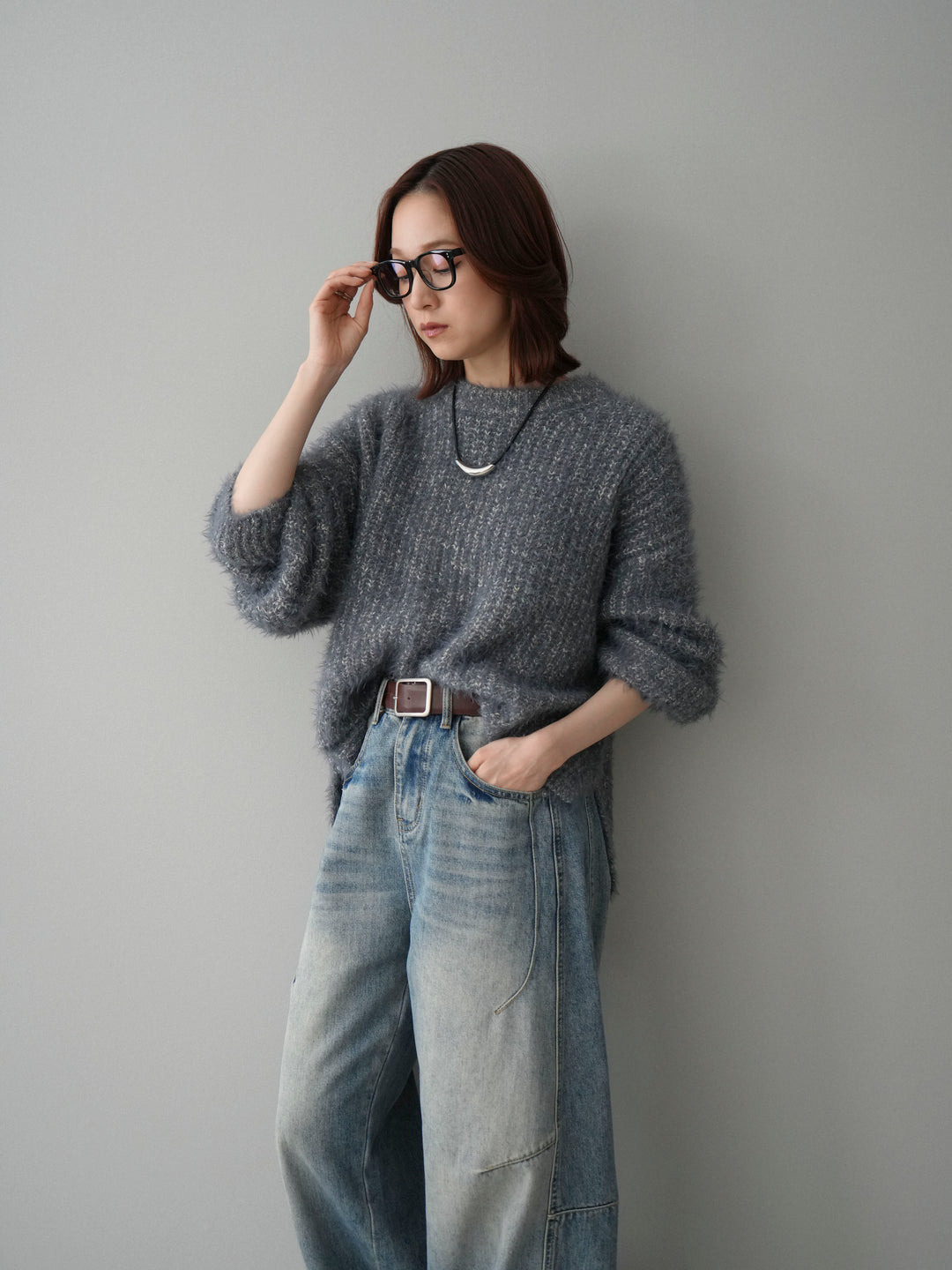 [SET]ボリュームスリーブシャギー MIXニットプルオーバー+ベルト付カーブデニムパンツ(2set)