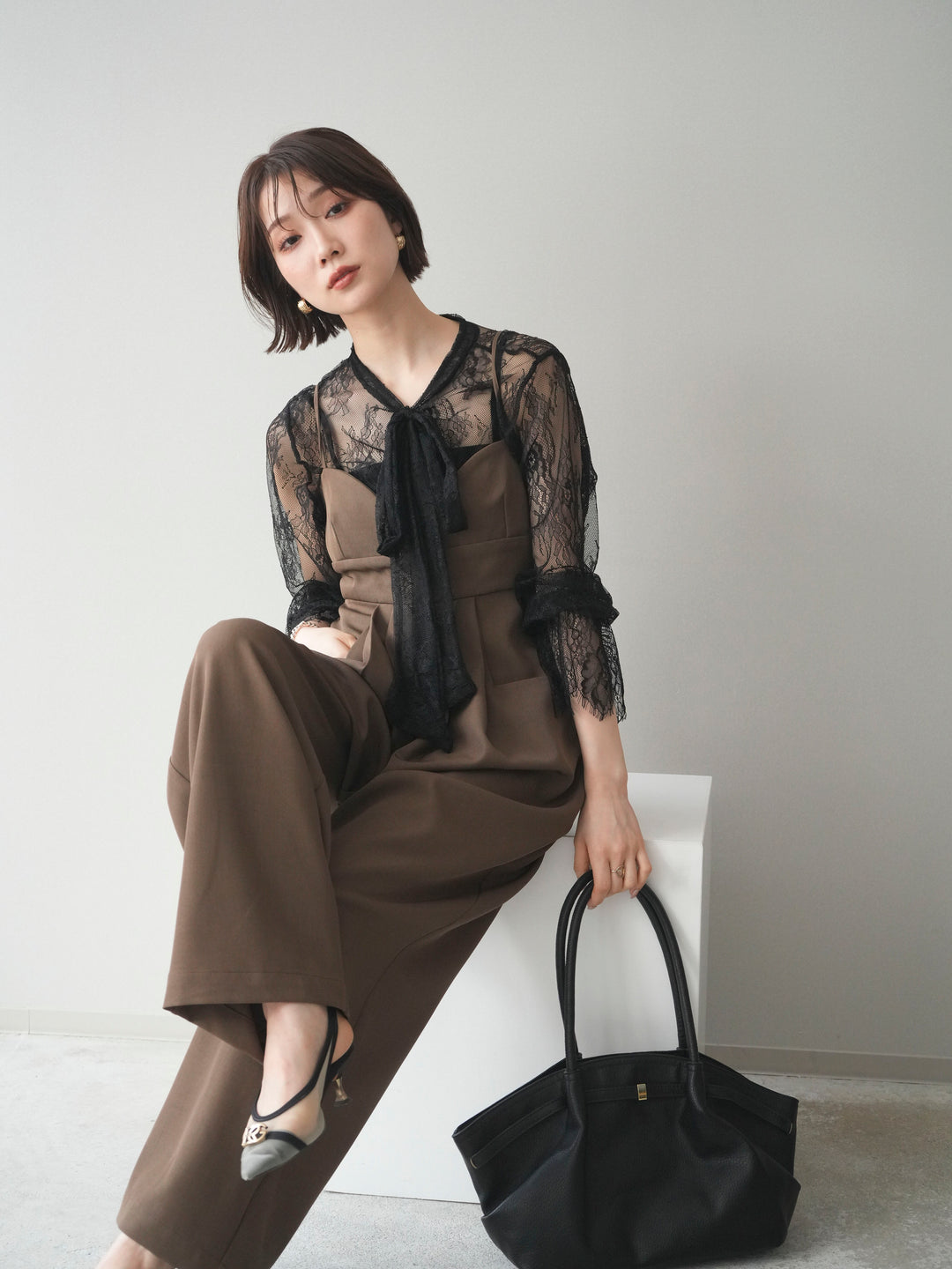 [SET]バックデザインサロペット+リバーレースボウタイトップス(2set)