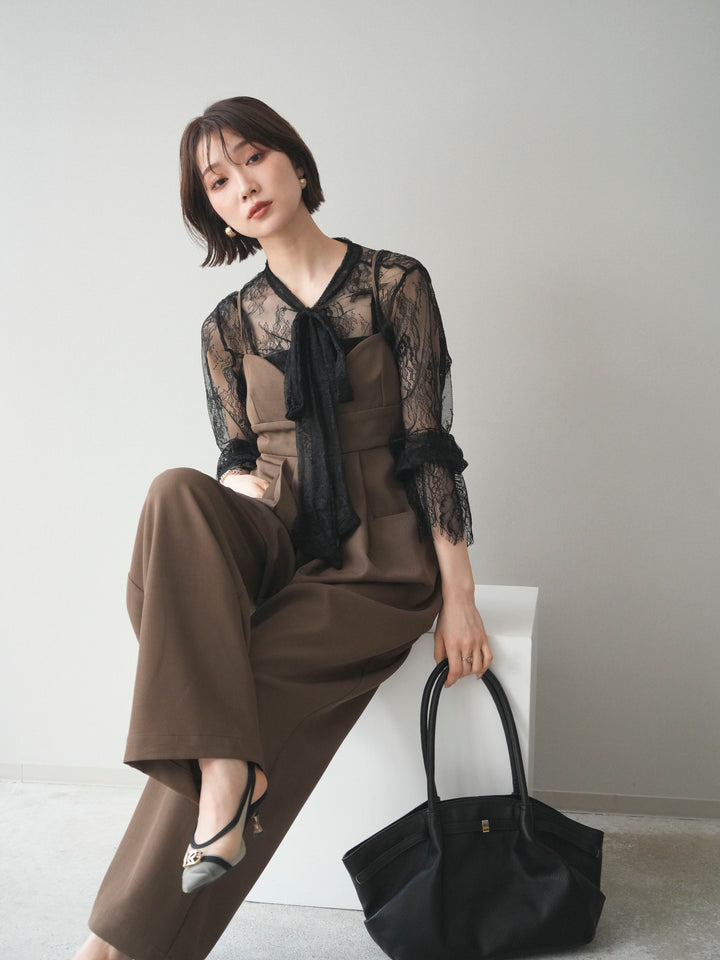 [SET]バックデザインサロペット+リバーレースボウタイトップス(2set)