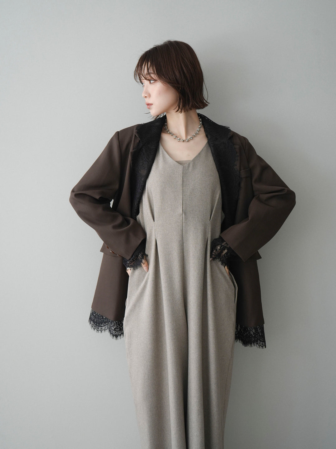 [予約]レースドッキングオーバージャケット/brown