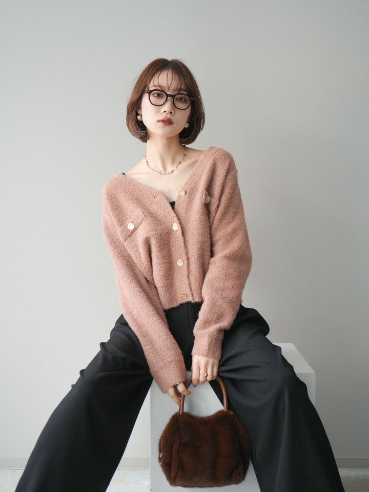 [SET]ゴールドボタンモールニットカーディガン+ベルトループデザインワイドパンツ(2set)