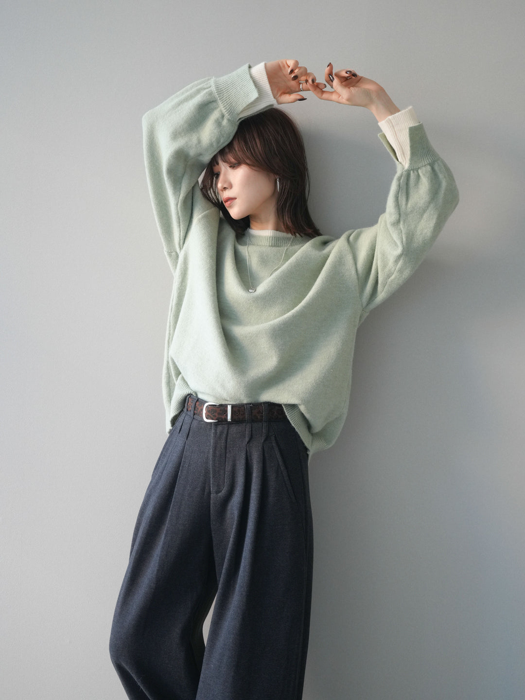 [予約]ヘンリーネック配色レイヤードニットプルオーバー/mint