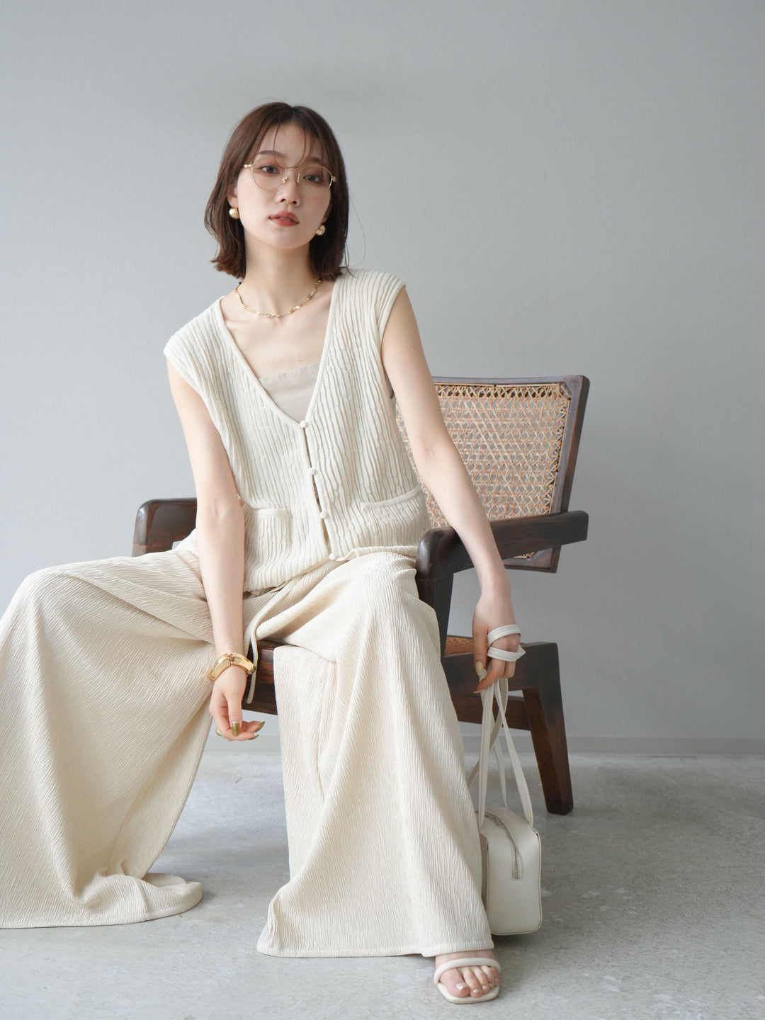 [SET] 波浪夏季針織背心+柳葉寬腿褲（2件套）