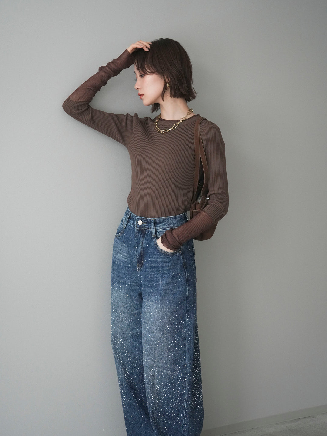 [予約]リブラメシアー切替リブニットトップス/brown