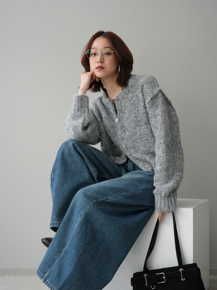 [SET]ミックスヤーンダブルZIPニットカーディガン+ベルト付裏起毛カーブデニムパンツ(2set)