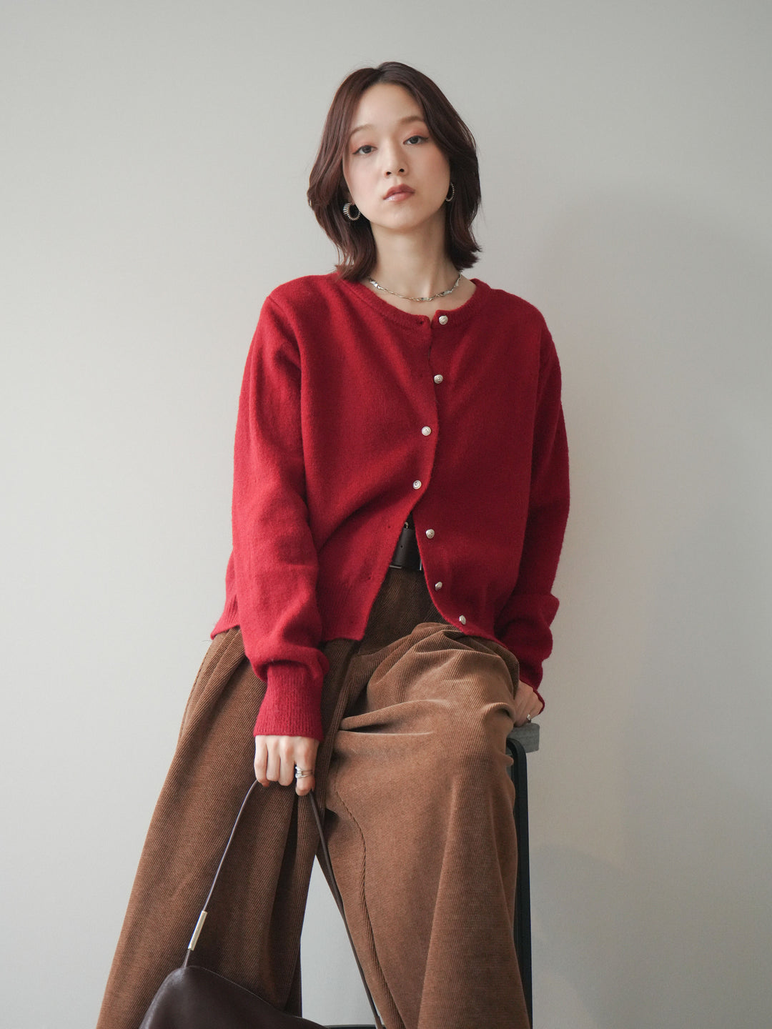 [SET]アンティークボタンニットカーディガン+ベルトデザインループコールテンワイドパンツ(ベルト付き)(2set)