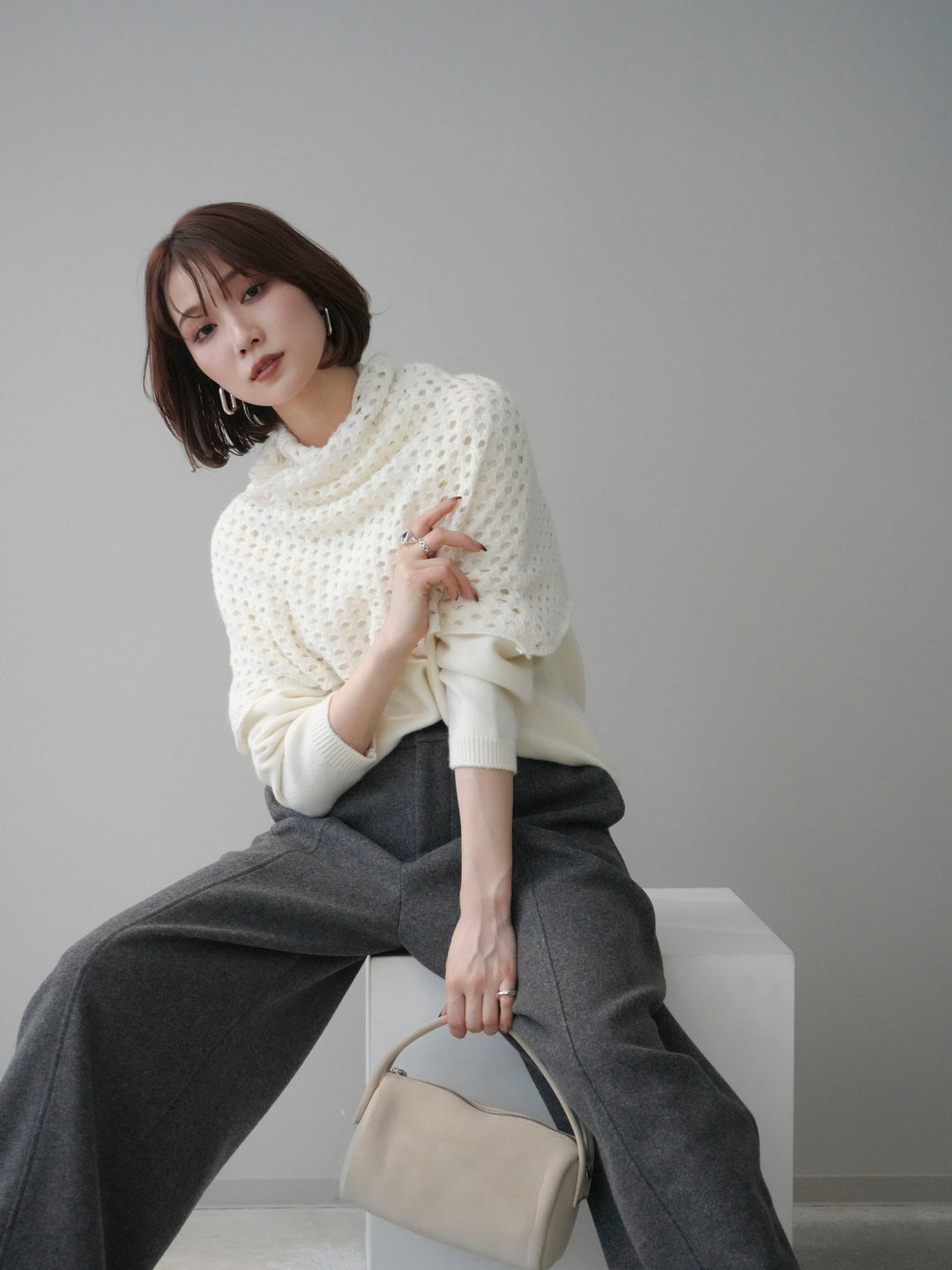 [予約]メッシュケープアンサンブルニットプルオーバー/white