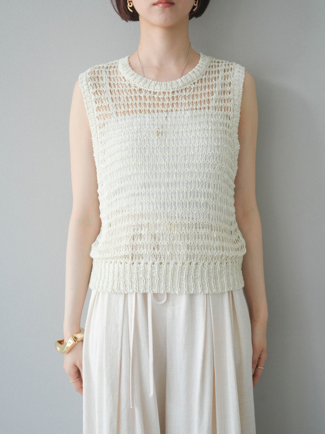 [予約]ミックスヤーン透かし編みニットタンクトップ/アイボリー