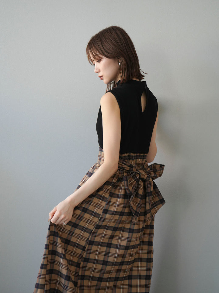 [予約]テレコ×チェックドッキングノースリワンピース/ブラック×ベージュ