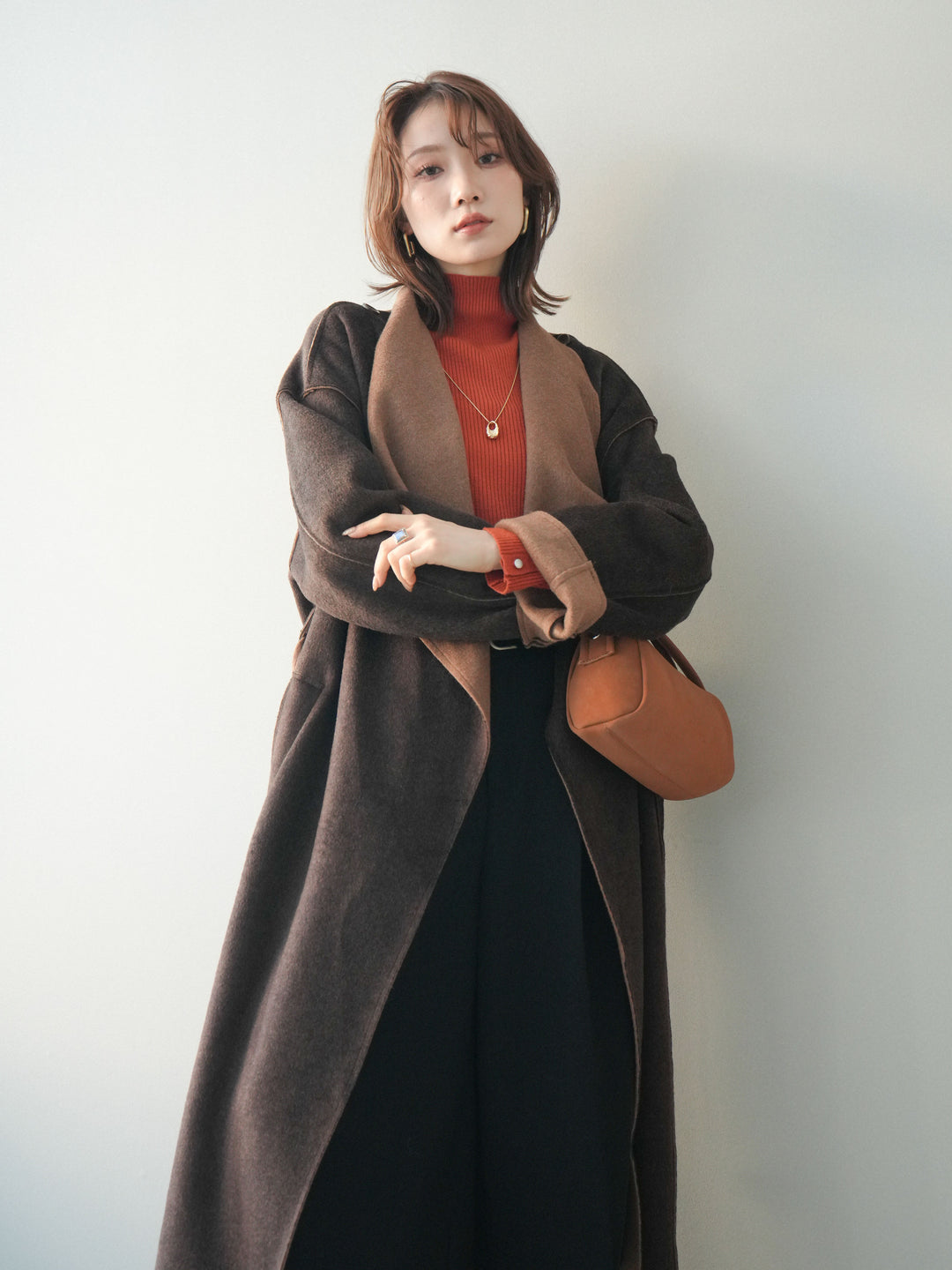 [予約]ダブルフェイスバイカラーロングコート/brown