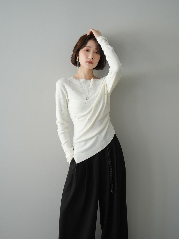 [予約]ラインストーンアシンメトリーニットトップス/ivory