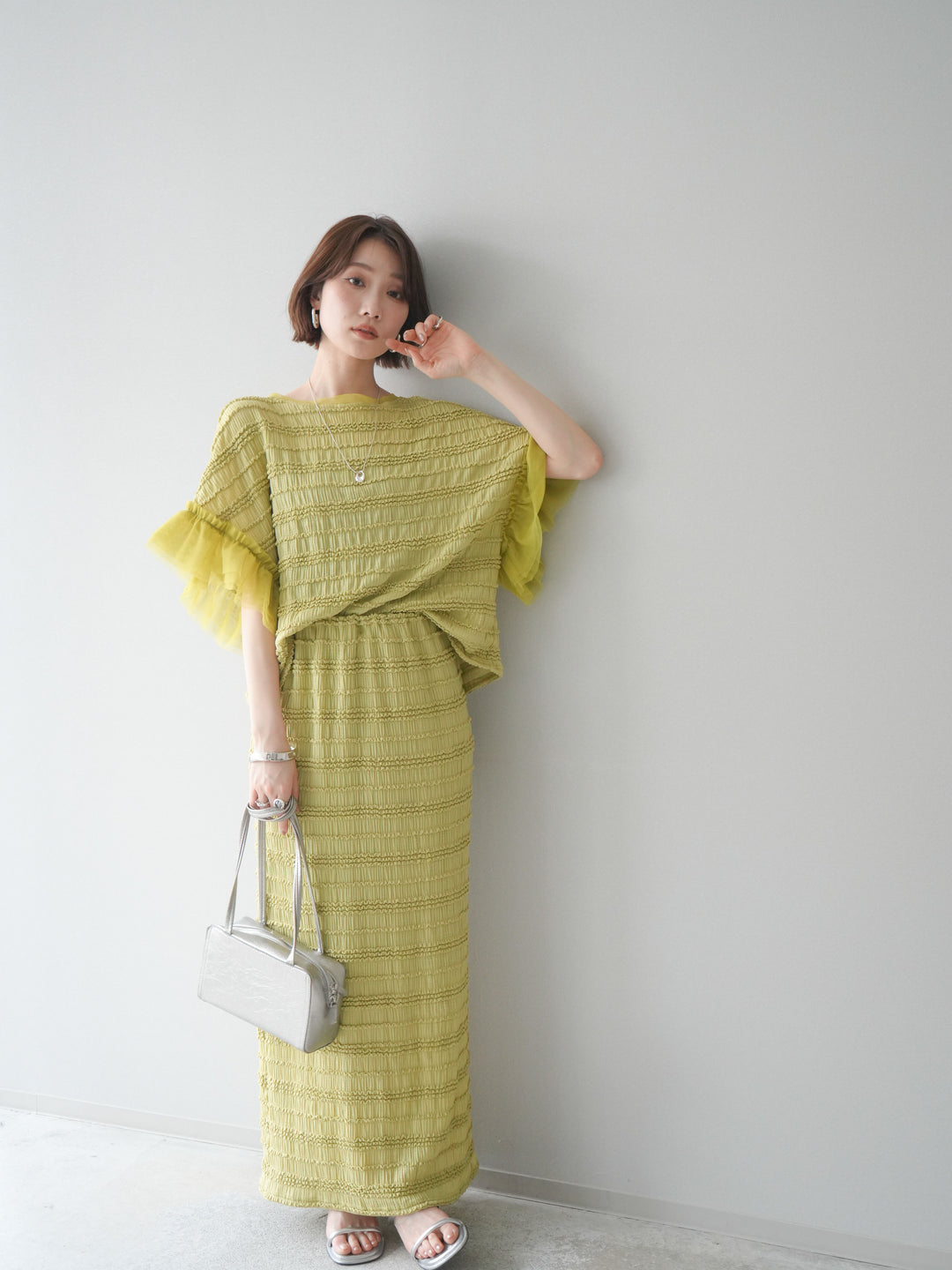 [SET]チュール袖リップルトップス+リップルIラインスカート(2set)