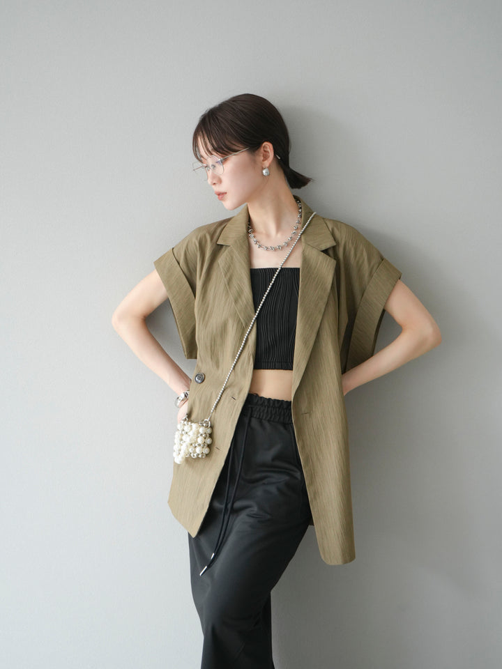 [SET]リネンライクノースリーブダブルジレ+ウェーブパイピングカップ付ベアキャミソール(2set)