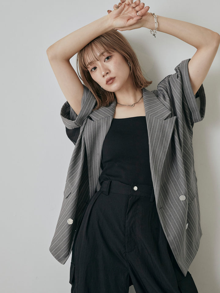 [予約]バックオーガンジーヘリンボーンストライプハーフジャケット/チャコール