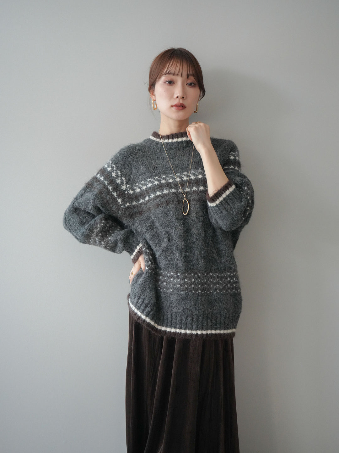 [予約]裾配色ノルディック柄ニットプルオーバー/gray