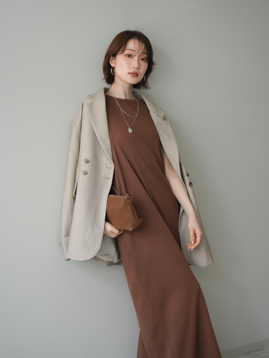 [予約]バイカラーレイヤードノースリーブワンピース/brown