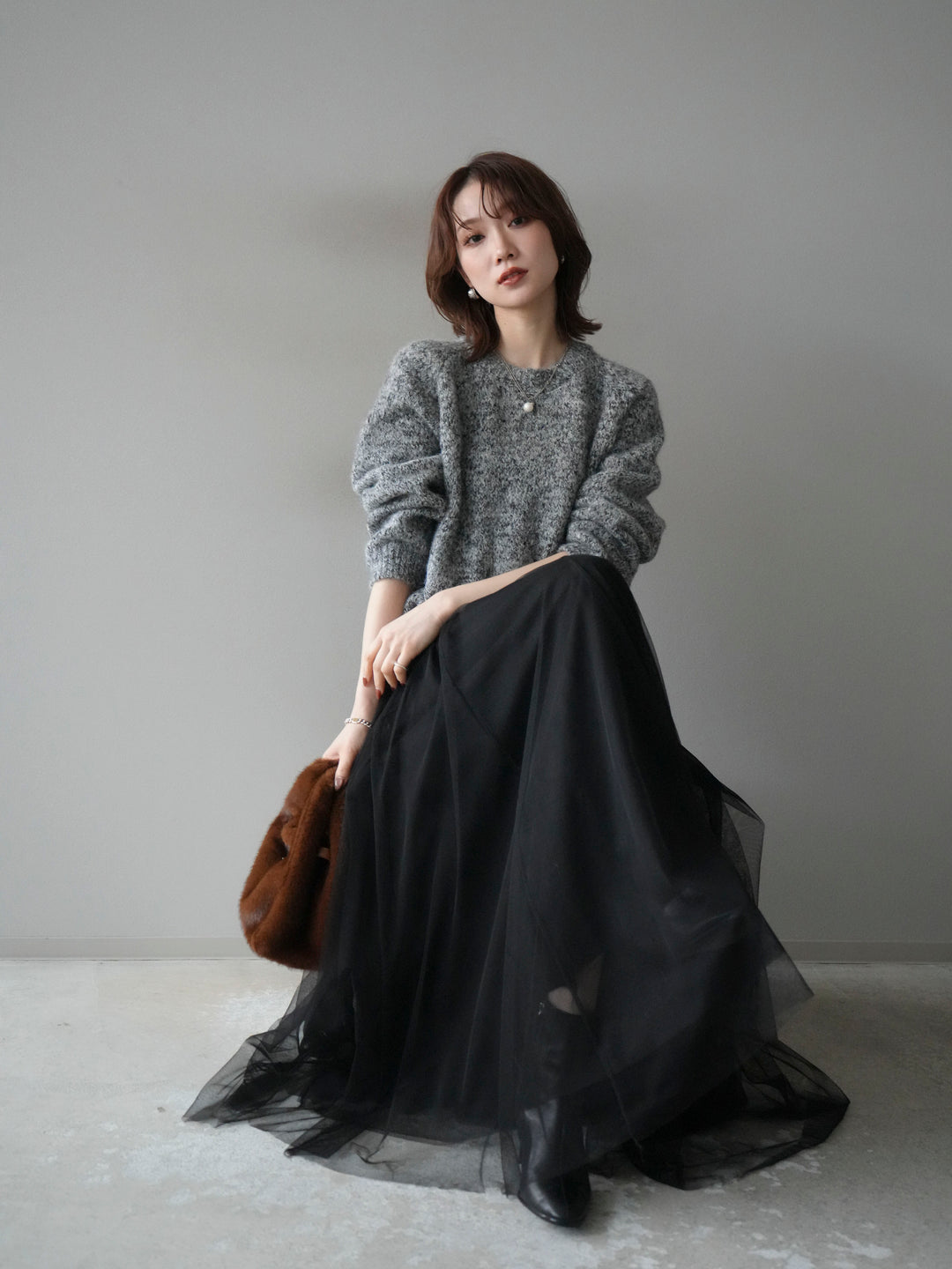 [SET]ロゴラベルミックスヤーンニットプルオーバー+選べるアクセセット(2set)