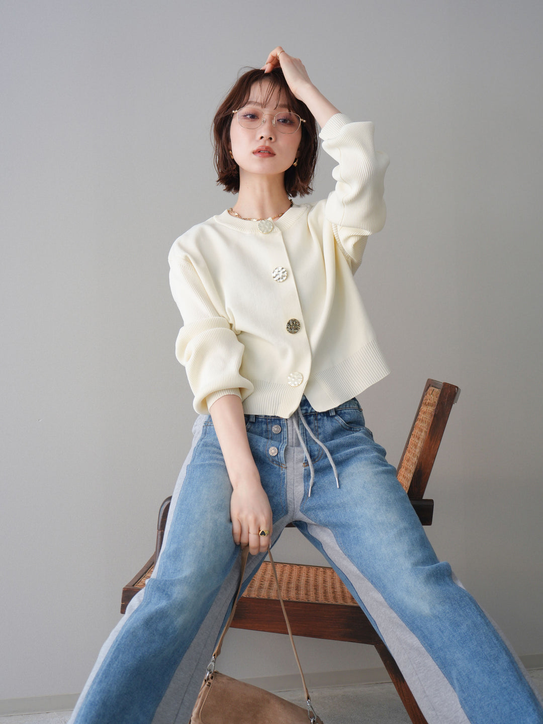 [SET]メタルボタンクルーネックニットカーディガン+選べるアクセセット(2set)