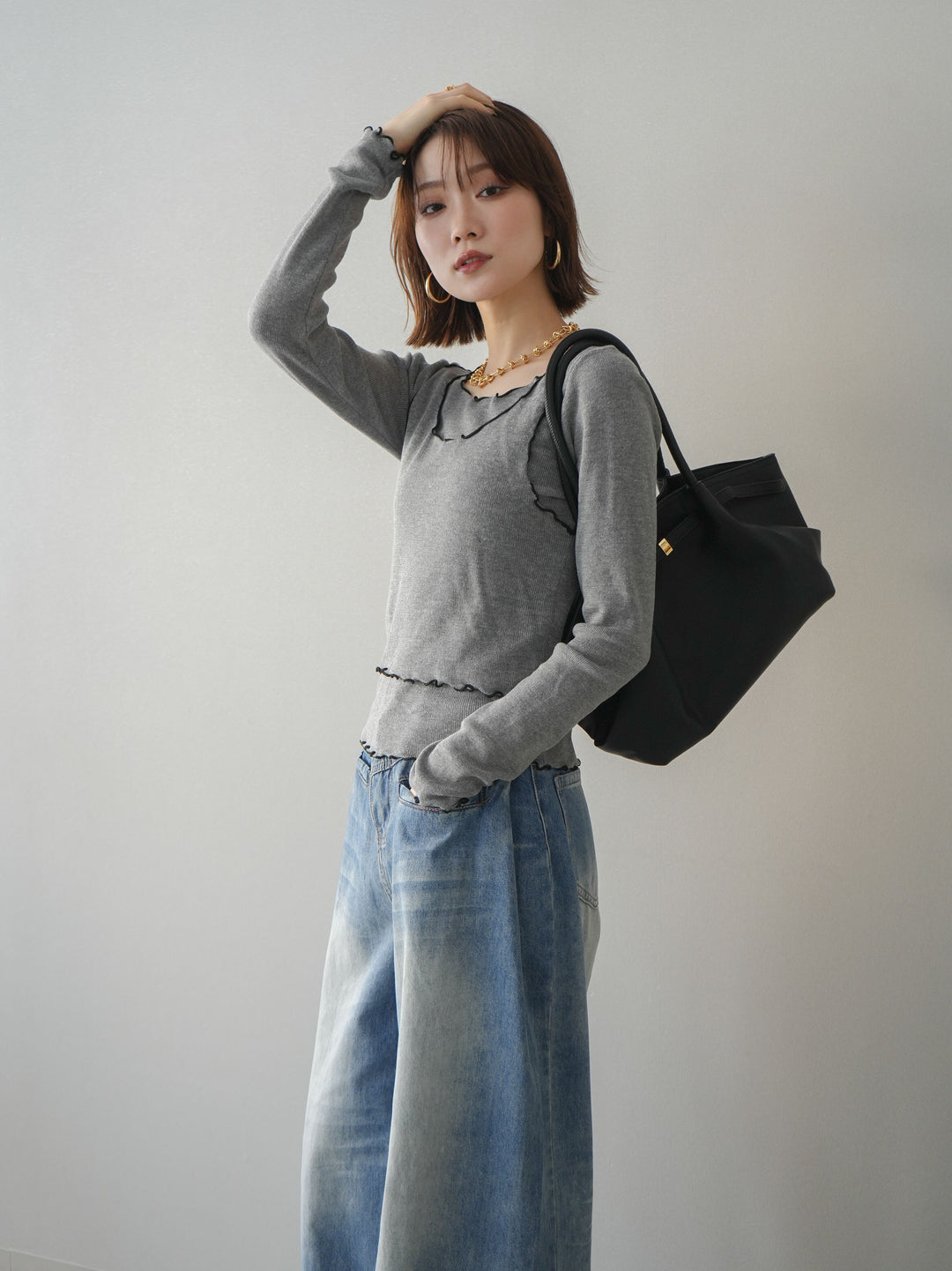 [予約]バイカラーメローアンサンブルシアーニットトップス/gray