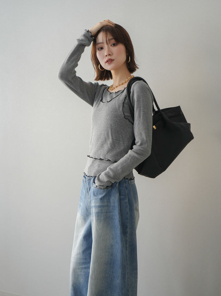 [予約]バイカラーメローアンサンブルシアーニットトップス/gray