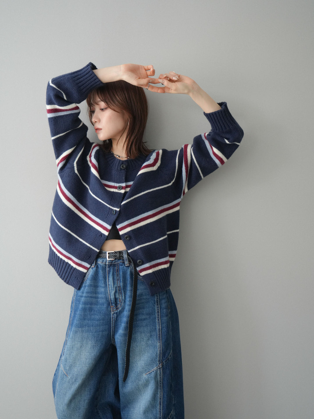 [予約]ランダムボーダーニットカーディガン/navy