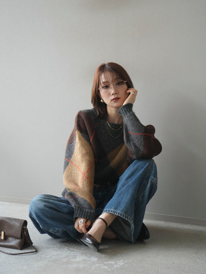 [SET]配色ステッチアーガイル柄ニットプルオーバー+配色ステッチアーガイル柄ニットプルオーバー(2set)