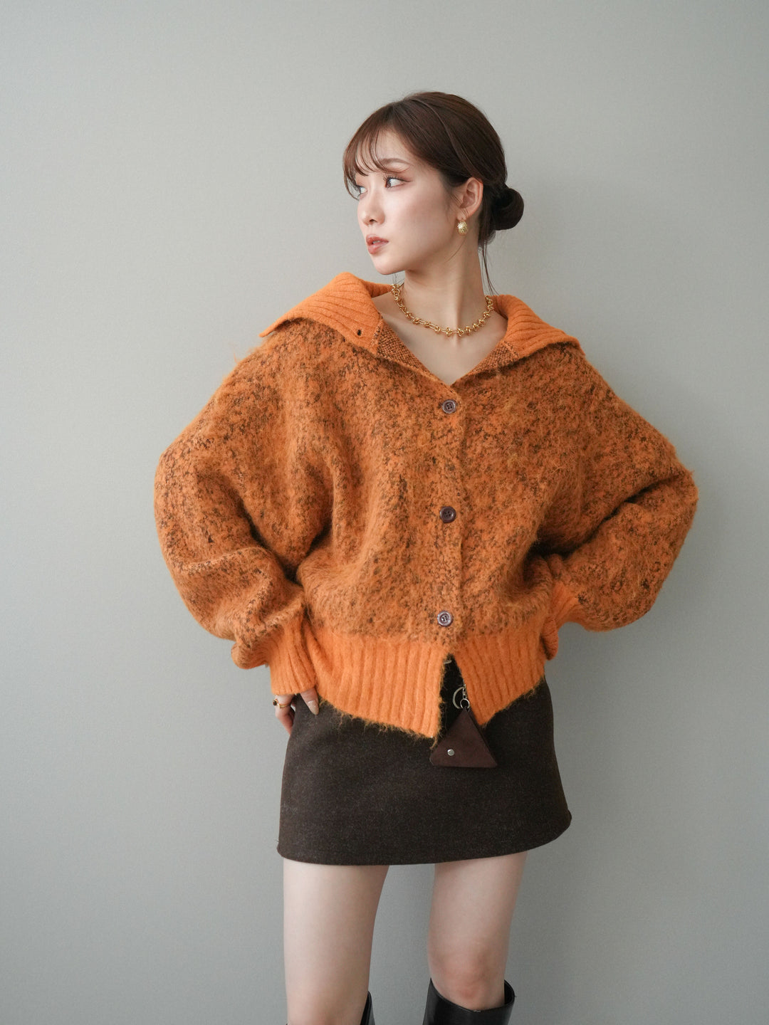 [予約]リブ切替メランジニットカーディガン/orange